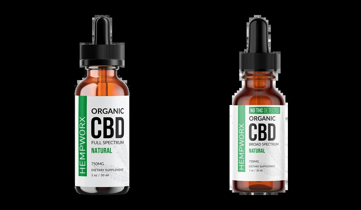 Full spectrum and broad spectrum HempWorx CBD oil bottles side by side